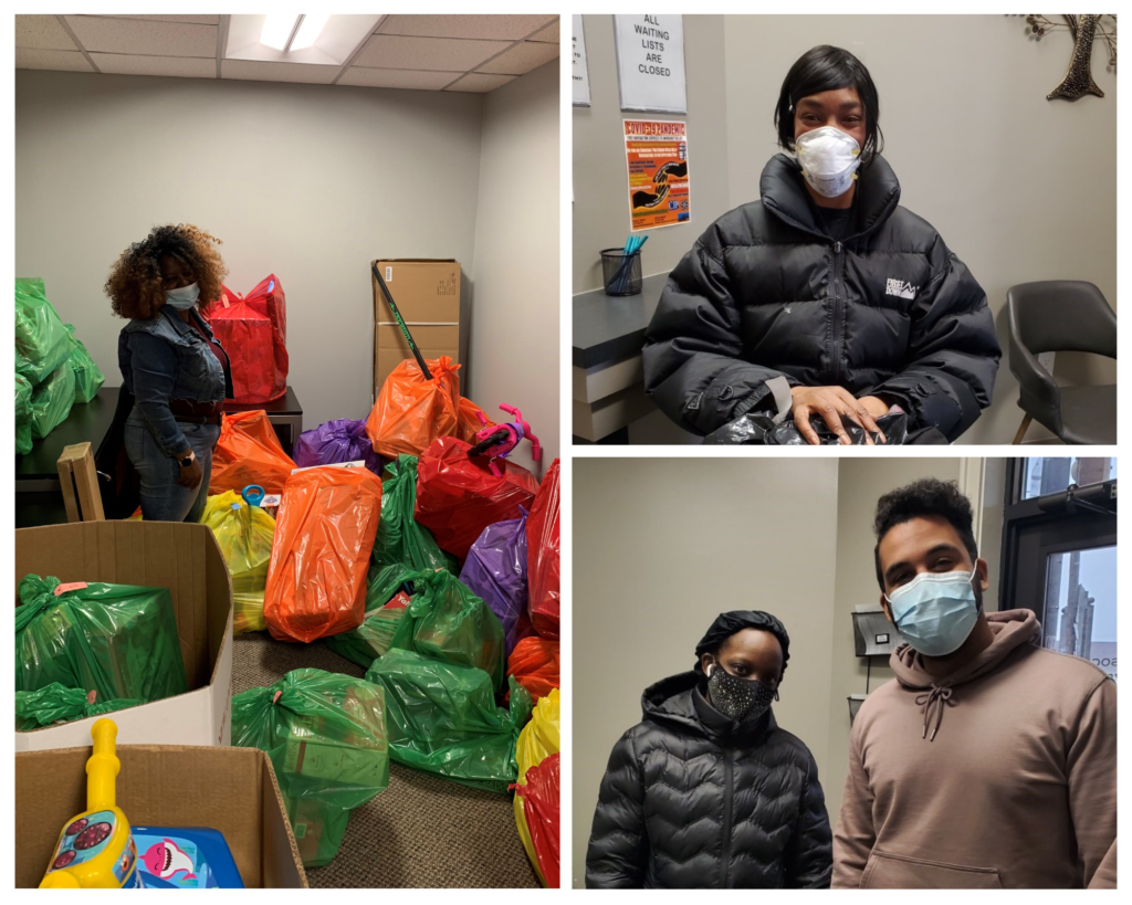 Collage: USI Pittsburg staff preparing toys for children